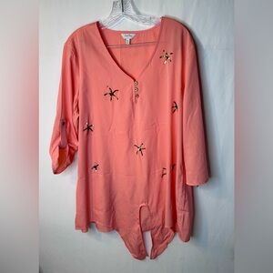 Coral Bay Women’s Blouse Roll Tab Sleeve Peach Star Sequins . Size XL